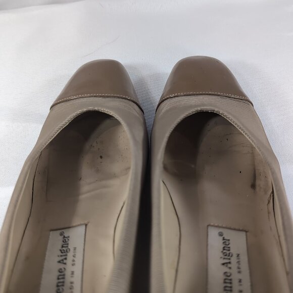 Etienne Aigner Kitten Heels Brown Tan Ribbed Taupe 8 Leather Italy Women Vintage - Picture 14 of 16
